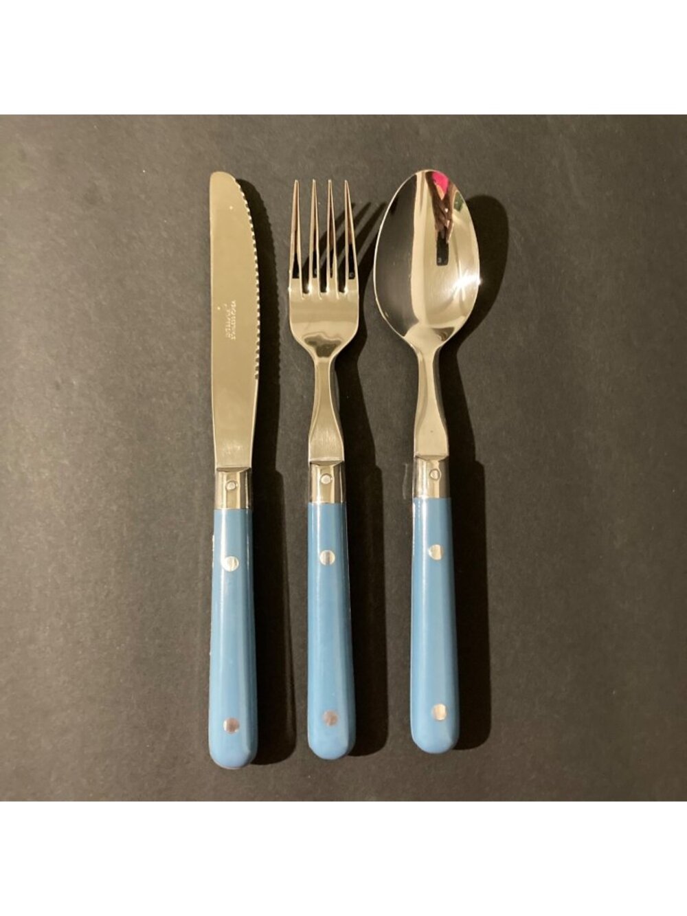 Vintage New Old Stock Interpur Korea Stainless Flatware Blue Handles Lot Of 3
